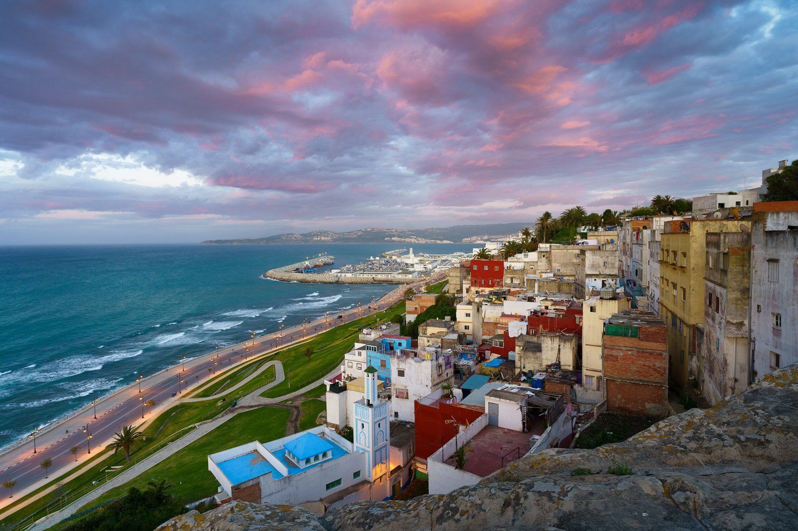 Aerial view of Tangier cityscape with buildings and sea